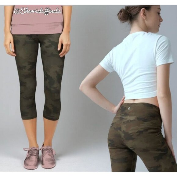 Like New Lululemon Wunder Under Low Rise Crop Luxtreme 21” Green Camo Leggings 4 - Picture 3 of 10